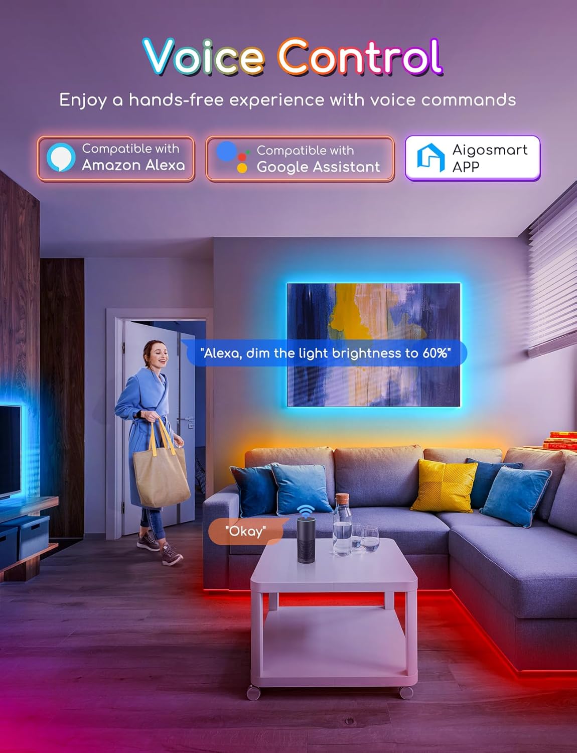 24.6 Ft Aigostar wifi Alexa Smart LED Strip Lights, 24.6ft RGB Led Strip Light with Smart App Control Remote, Led Lights for Bedroom,TV,Party and Christmas, MUSIC Sync Color Changing Light, Vioce control